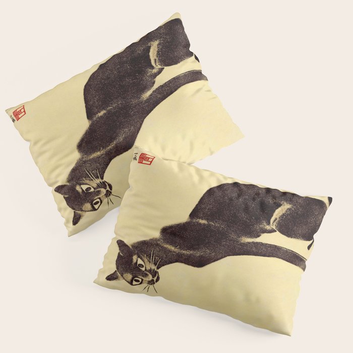 Aoyama Masaharu Black Skinny Cat Japanese Woodblock Print East Asian Art Pillow Sham Gallery Image 3