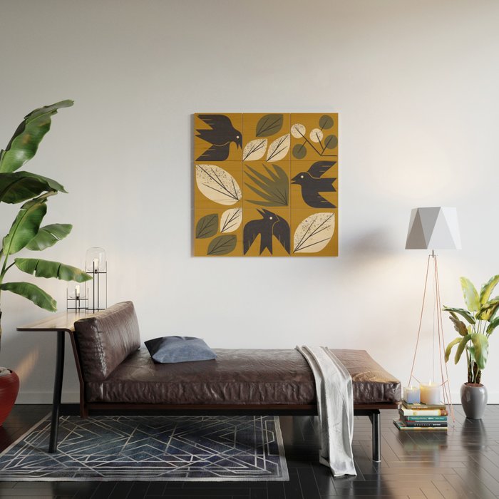 Birds and Leaves Grid Wood Wall Art Gallery Image 2