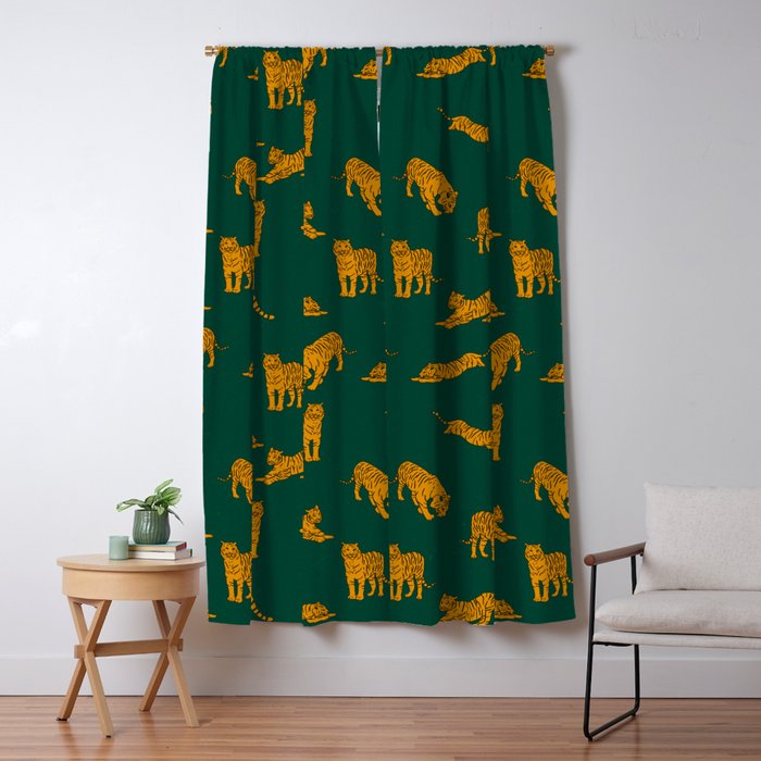 Animal Print - Tigers on Dark Olive Green Retro Texture Window Curtain Gallery Image 1