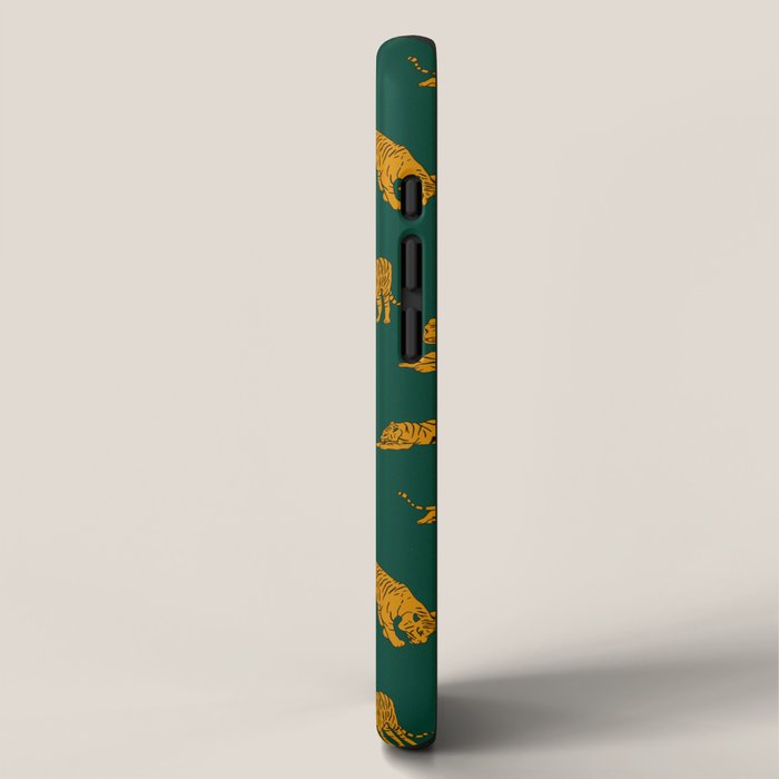 Animal Print - Tigers on Dark Olive Green Retro Texture iPhone Case Gallery Image 2
