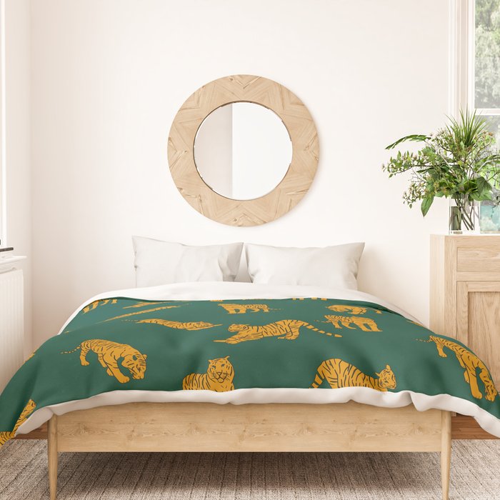 Animal Print - Tigers on Dark Olive Green Retro Texture Duvet Cover Gallery Image 3