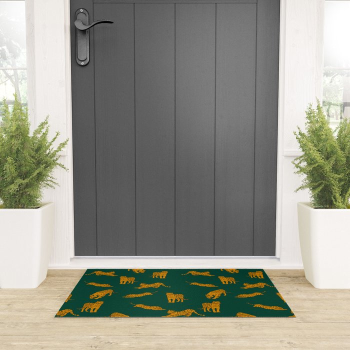 Animal Print - Tigers on Dark Olive Green Retro Texture Welcome Mat Gallery Image 3