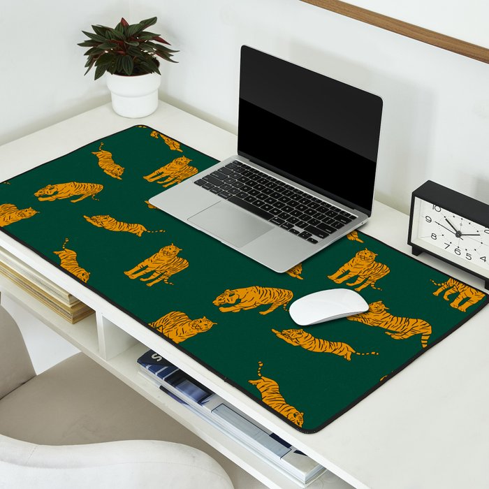 Animal Print - Tigers on Dark Olive Green Retro Texture Desk Mat Gallery Image 2