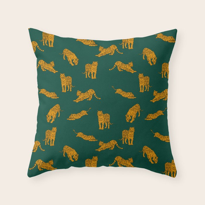 Animal Print - Tigers on Dark Olive Green Retro Texture Throw Pillow Gallery Image 1