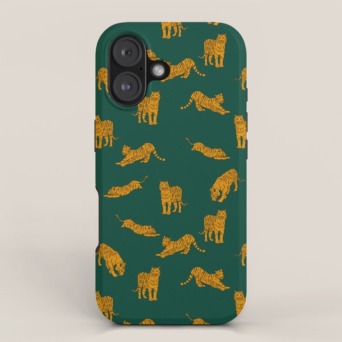 Animal Print - Tigers on Dark Olive Green Retro Texture iPhone Case Gallery Image 1