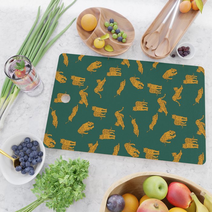 Animal Print - Tigers on Dark Olive Green Retro Texture Cutting Board Gallery Image 2
