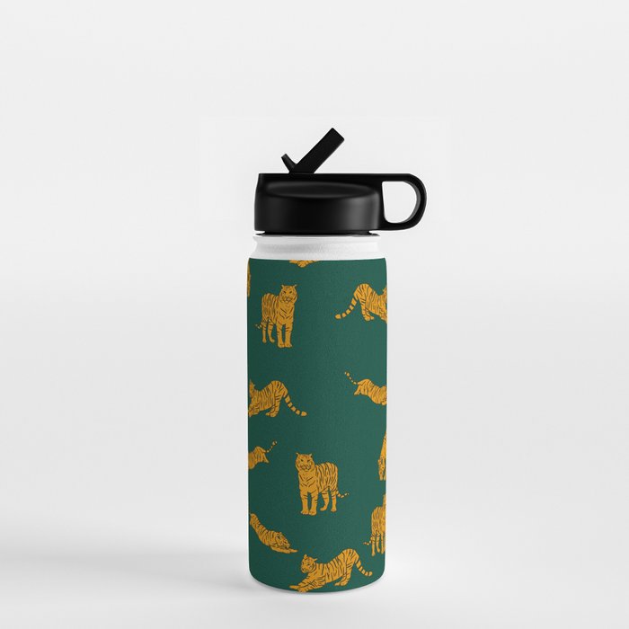 Animal Print - Tigers on Dark Olive Green Retro Texture Water Bottle Gallery Image 1