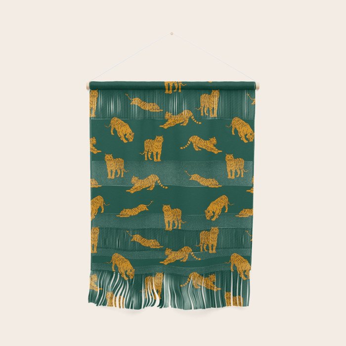 Animal Print - Tigers on Dark Olive Green Retro Texture Wall Hanging Gallery Image 1