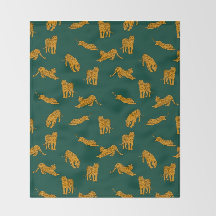 Animal Print - Tigers on Dark Olive Green Retro Texture Throw Blanket Gallery Image 2
