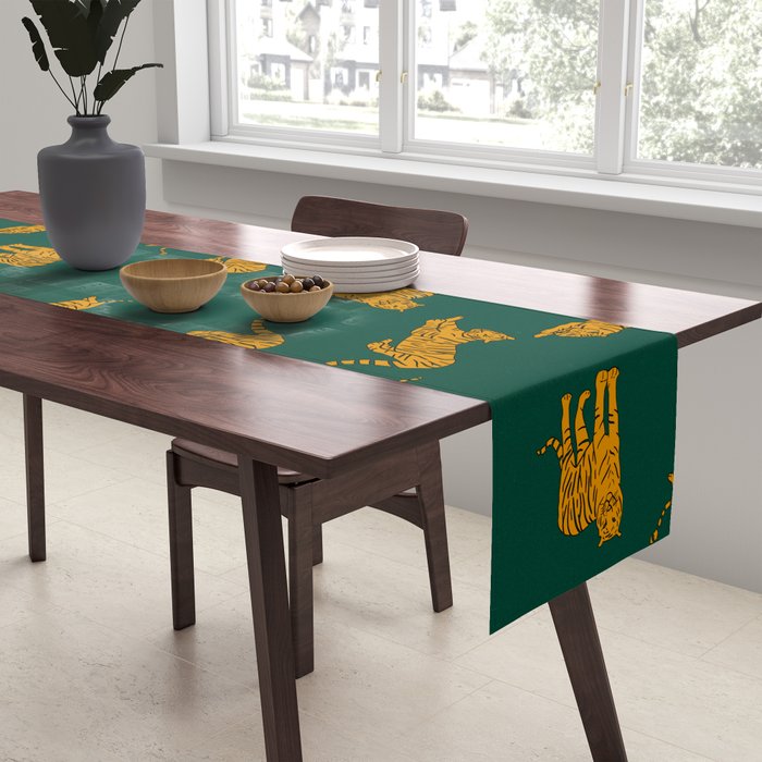 Animal Print - Tigers on Dark Olive Green Retro Texture Table Runner Gallery Image 2