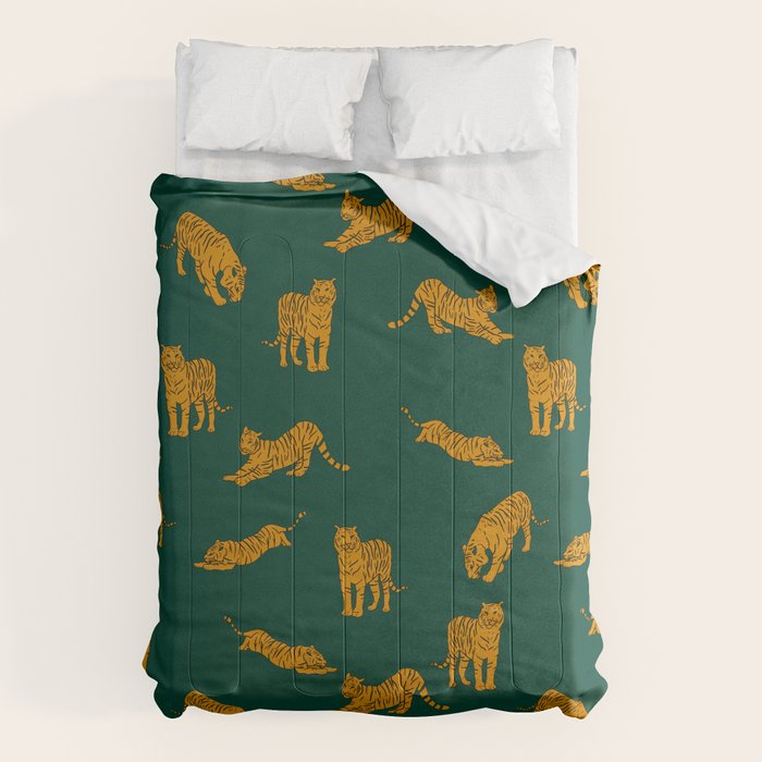 Animal Print - Tigers on Dark Olive Green Retro Texture Comforter Gallery Image 6
