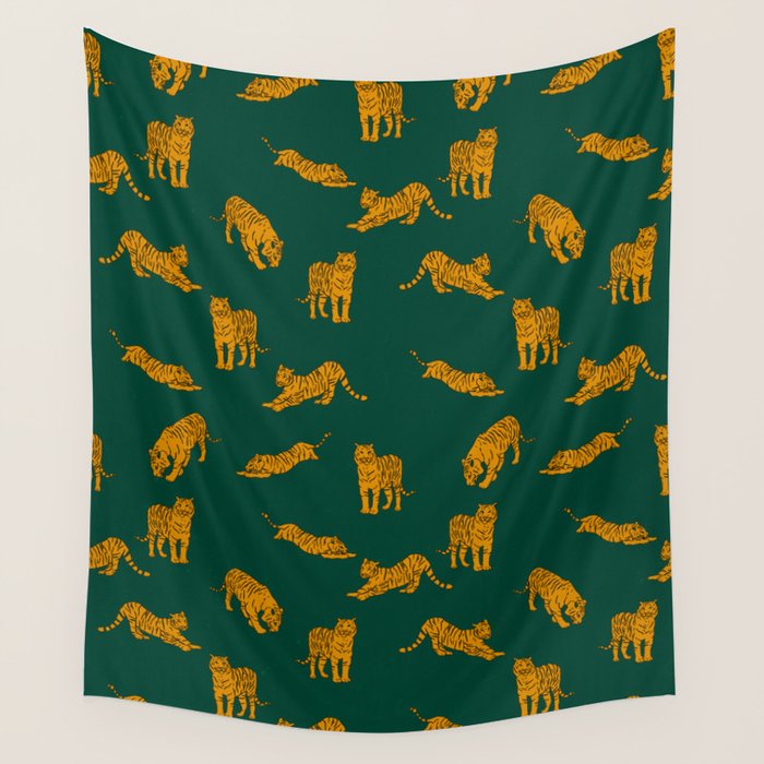 Animal Print - Tigers on Dark Olive Green Retro Texture Wall Tapestry Gallery Image 4