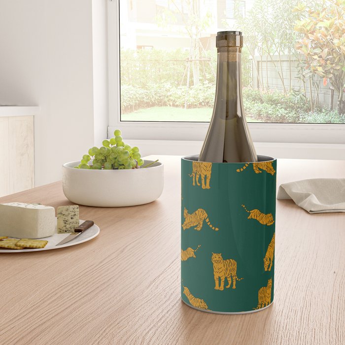 Animal Print - Tigers on Dark Olive Green Retro Texture Wine Chiller Gallery Image 4