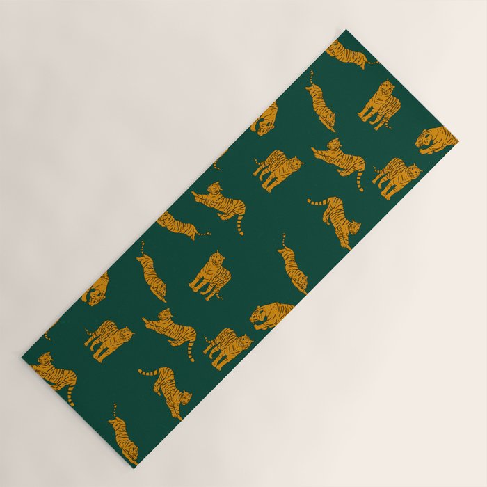 Animal Print - Tigers on Dark Olive Green Retro Texture Yoga Mat Gallery Image 1
