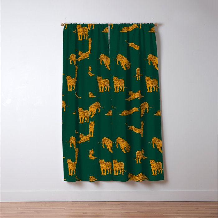 Animal Print - Tigers on Dark Olive Green Retro Texture Window Curtain Gallery Image 3