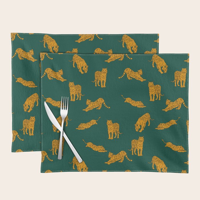 Animal Print - Tigers on Dark Olive Green Retro Texture Placemat Gallery Image 1