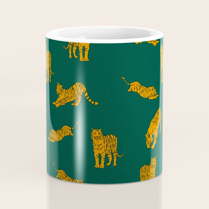 Animal Print - Tigers on Dark Olive Green Retro Texture Coffee Mug Gallery Image 4