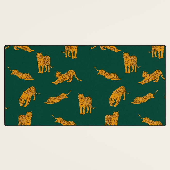 Animal Print - Tigers on Dark Olive Green Retro Texture Desk Mat Gallery Image 3
