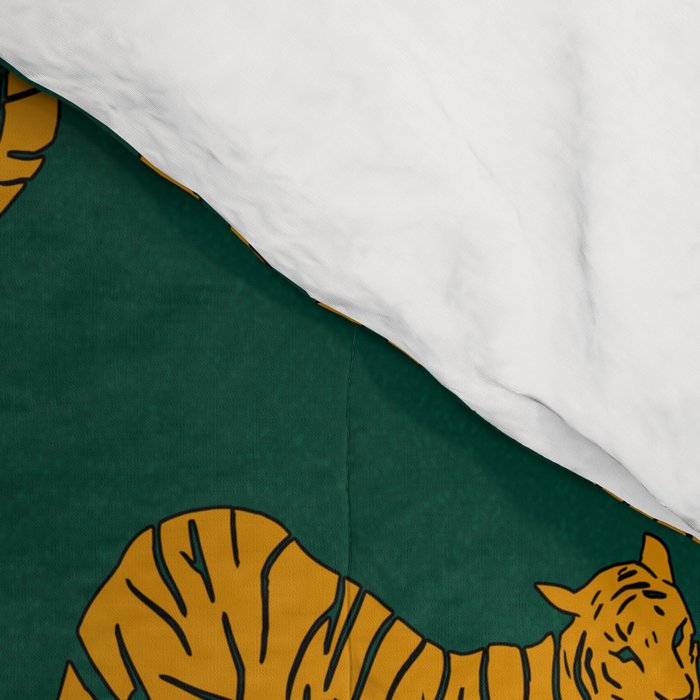 Animal Print - Tigers on Dark Olive Green Retro Texture Comforter Gallery Image 4
