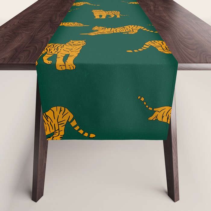 Animal Print - Tigers on Dark Olive Green Retro Texture Table Runner Gallery Image 1