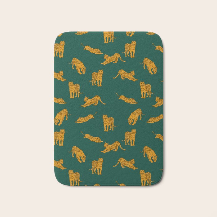 Animal Print - Tigers on Dark Olive Green Retro Texture Bath Mat Gallery Image 1