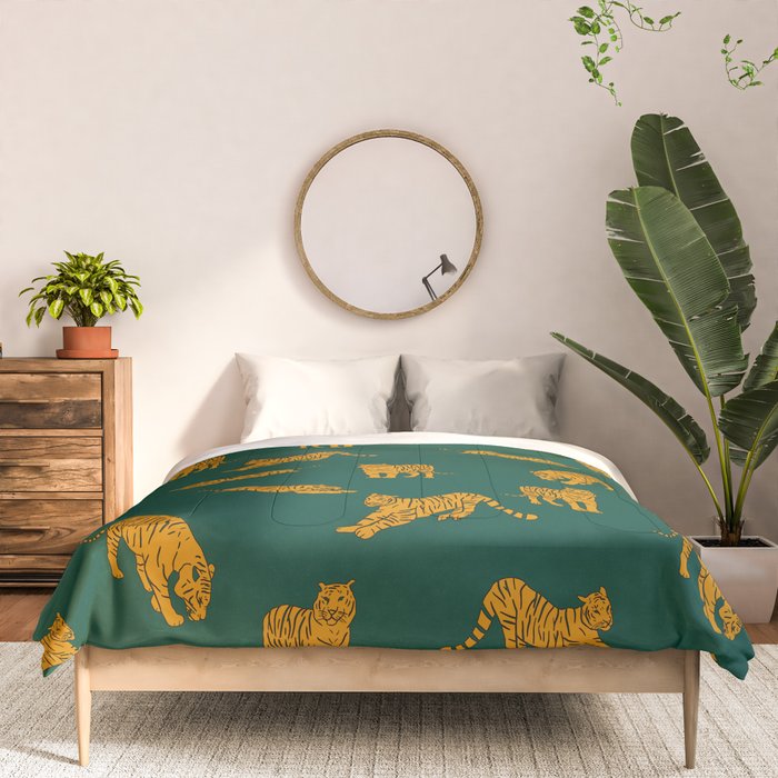 Animal Print - Tigers on Dark Olive Green Retro Texture Comforter Gallery Image 3
