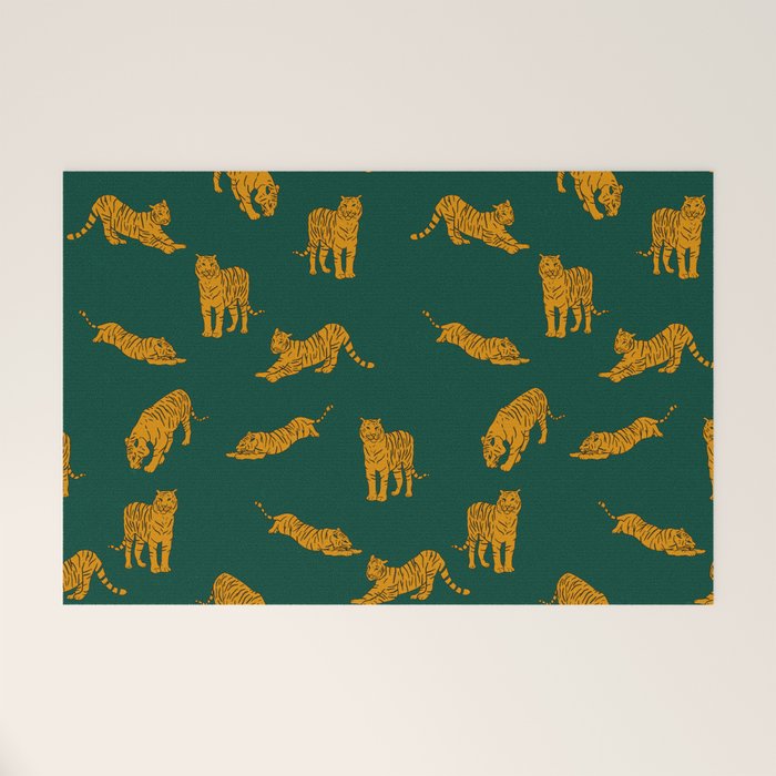 Animal Print - Tigers on Dark Olive Green Retro Texture Welcome Mat Gallery Image 1