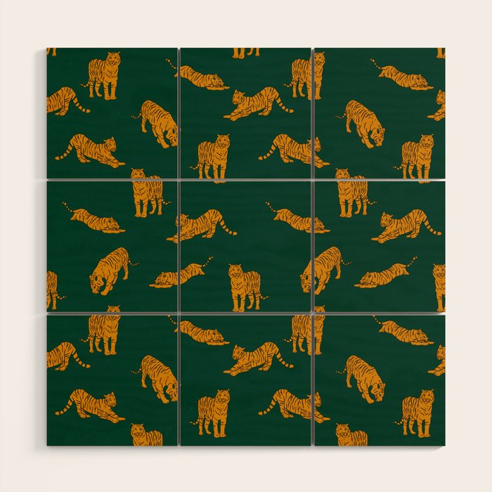 Animal Print - Tigers on Dark Olive Green Retro Texture Wood Wall Art Gallery Image 1