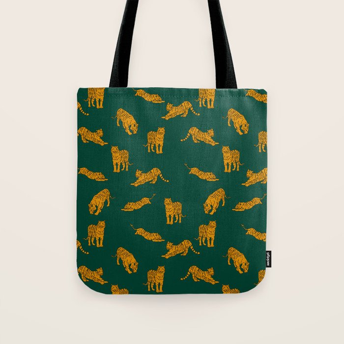 Animal Print - Tigers on Dark Olive Green Retro Texture Tote Bag Gallery Image 1