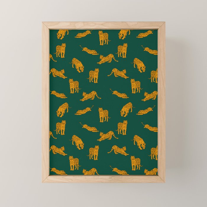 Animal Print - Tigers on Dark Olive Green Retro Texture Mini Art Print Gallery Image 1