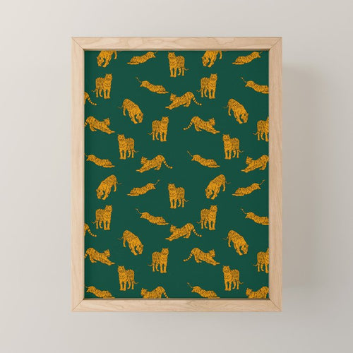 Animal Print - Tigers On Dark Olive Green Retro Texture Mini Art Print Gallery Image 1