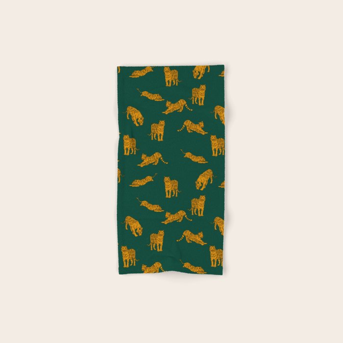 Animal Print - Tigers on Dark Olive Green Retro Texture Bath Towel Gallery Image 1