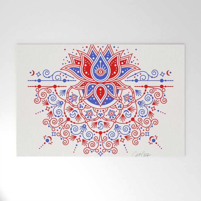 Sacred Lotus Mandala - Red & Blue Palette Welcome Mat Gallery Image 1