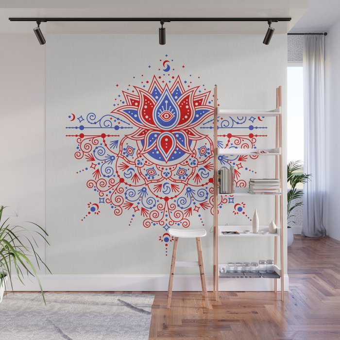 Sacred Lotus Mandala - Red & Blue Palette Wall Mural Gallery Image 1