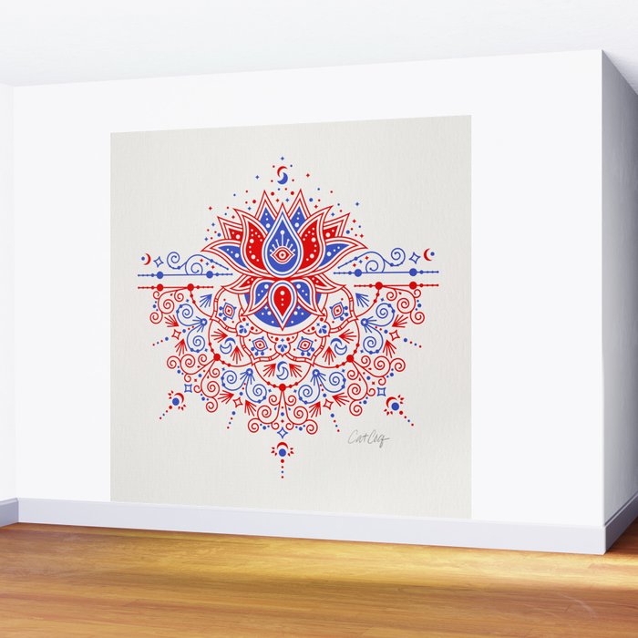 Sacred Lotus Mandala - Red & Blue Palette Wall Mural Gallery Image 2