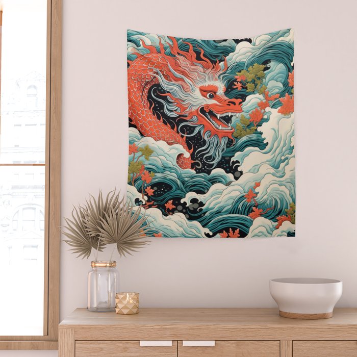 Red Chinese Water Dragon Wall Tapestry Gallery Image 2