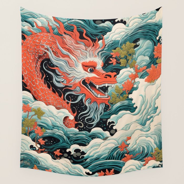 Red Chinese Water Dragon Wall Tapestry Gallery Image 1