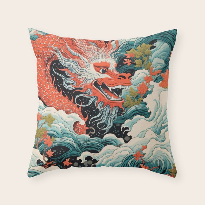 Red Chinese Water Dragon Throw Pillow Gallery Image 1