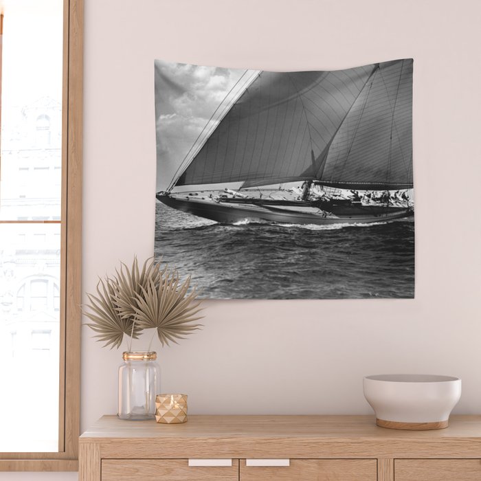 12-meter Sailing Yacht America's Cup Races nautical black and white photograph Wall Tapestry Gallery Image 2