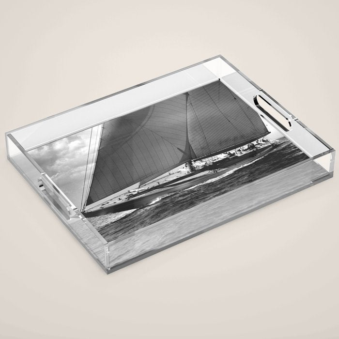12-meter Sailing Yacht America's Cup Races nautical black and white photograph Acrylic Tray Gallery Image 1