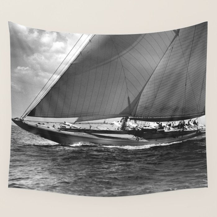 12-meter Sailing Yacht America's Cup Races nautical black and white photograph Wall Tapestry Gallery Image 1