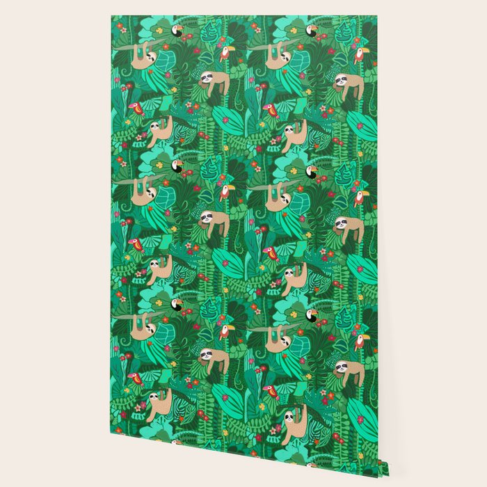 Sloths in the Emerald Jungle Pattern Wallpaper Gallery Image 2