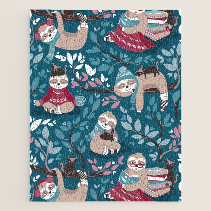 Hygge sloth // turquoise and red Jigsaw Puzzle Gallery Image 1