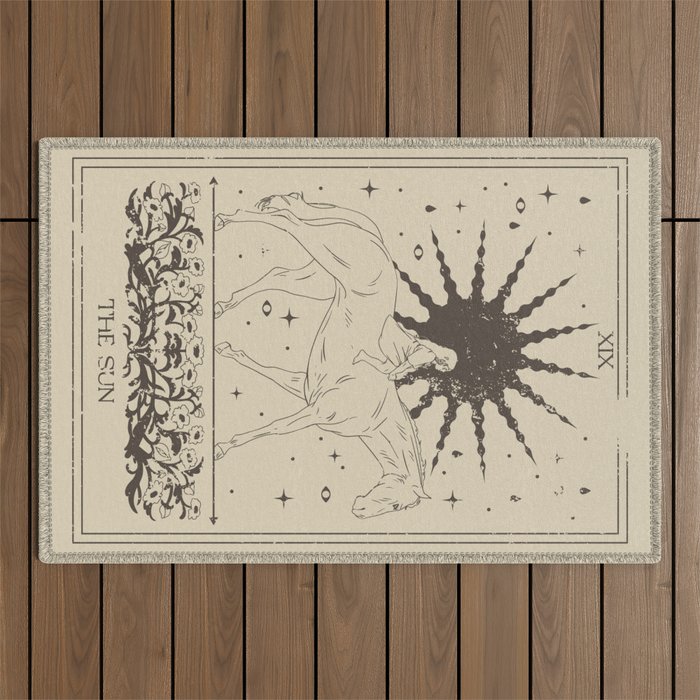 The Sun Card, Sun girl and horse print, Major Arcana, Divination, Magic girl Outdoor Rug Gallery Image 1