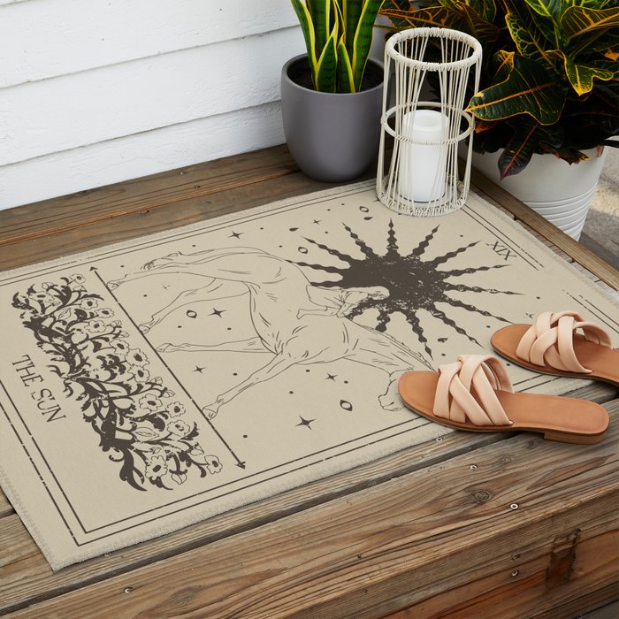 The Sun Card, Sun girl and horse print, Major Arcana, Divination, Magic girl Outdoor Rug Gallery Image 2