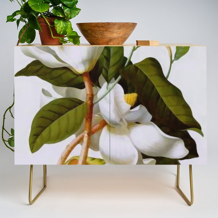 Vintage Botanical White Magnolia Flower Art Credenza Gallery Image 1