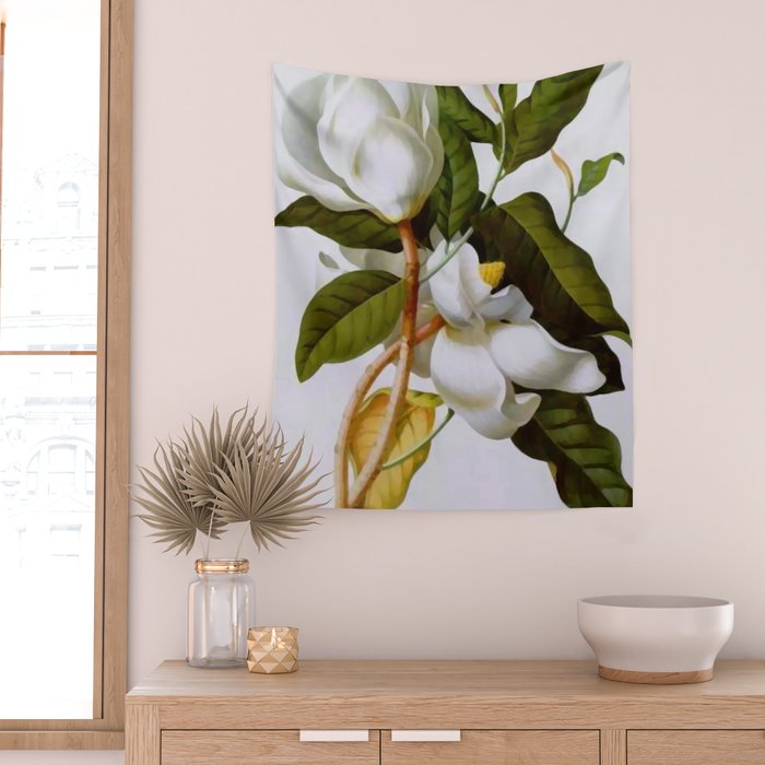 Vintage Botanical White Magnolia Flower Art Wall Tapestry Gallery Image 2