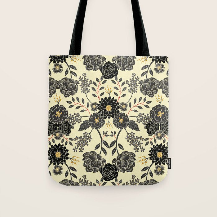 Gray, Black, Cream, Yellow & Red Sophisticated Floral Pattern Tote Bag Gallery Image 1
