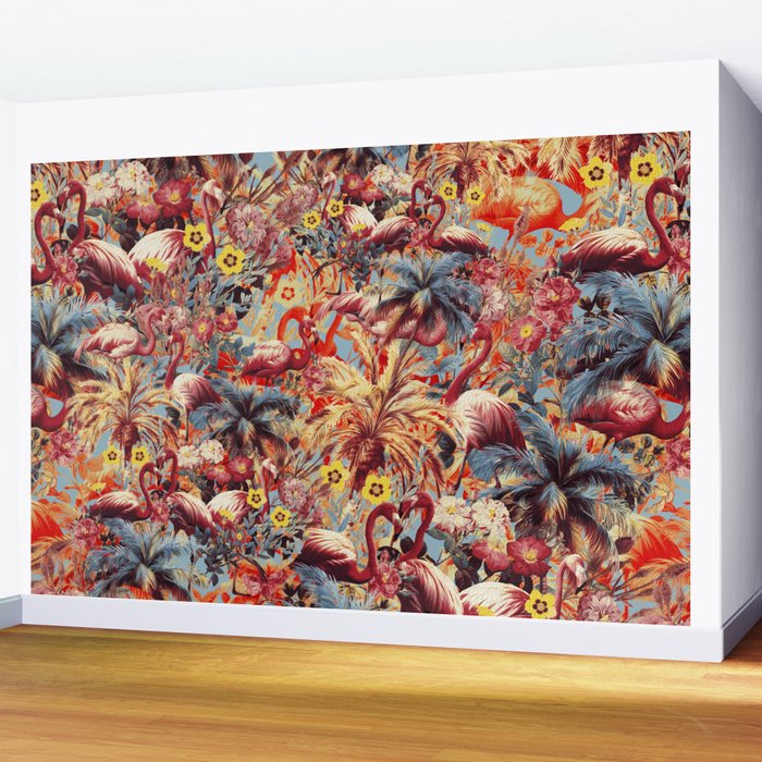 Flamingos and Floral Pattern Wall Mural Gallery Image 2