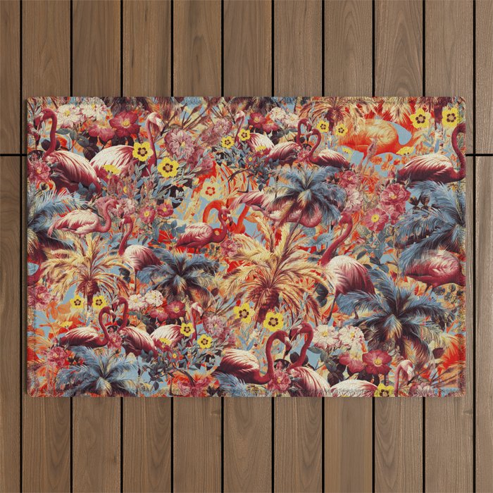 Flamingos and Floral Pattern Outdoor Rug Gallery Image 1